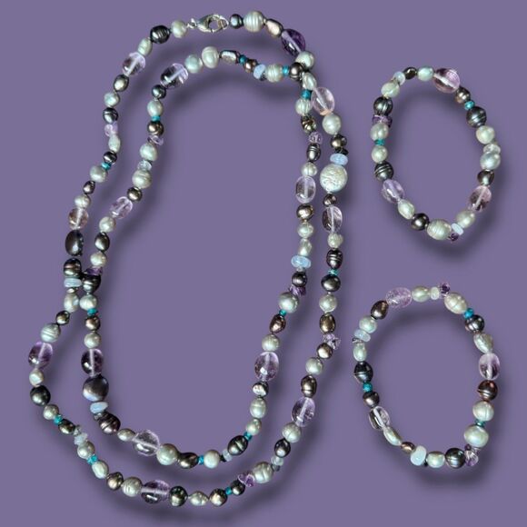 Honora 40 in Pearl & Amethyst Gemstone Necklace and Bracelets, Black, Silver - Picture 12 of 13